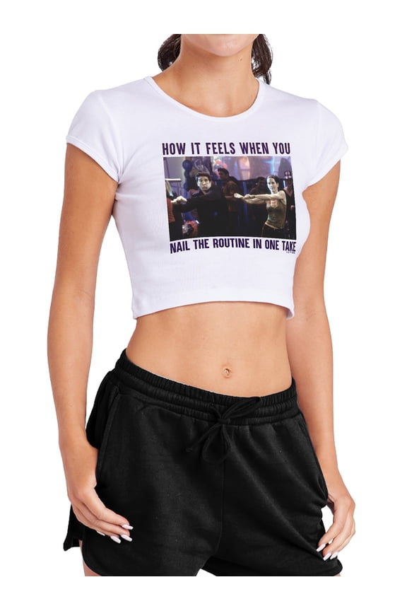 Friends Nail the Routine Women's Cap Sleeve Baby Rib Crop Top, White, Small