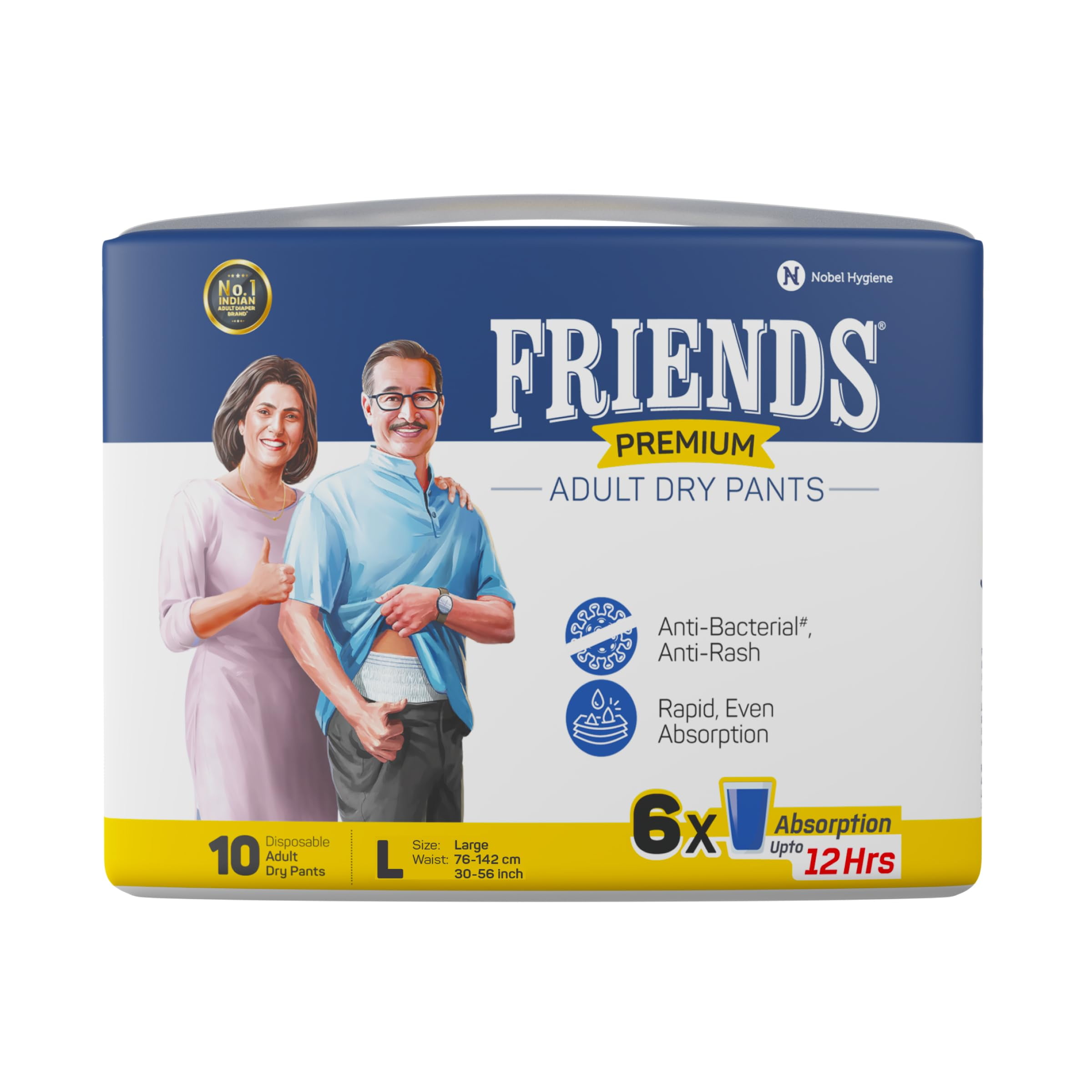 Friends Premium Adult Diapers Pant Style - 10 Count - L - Waist Size 30- 56  Inch ; 76- 142cm - Medanand