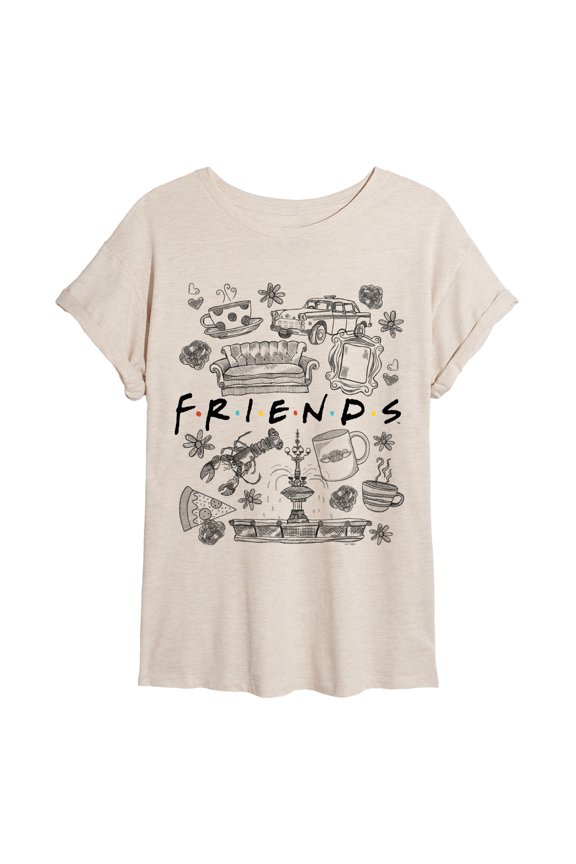 - Sketchy Icon Collage - Juniors Oversized Graphic T-Shirt