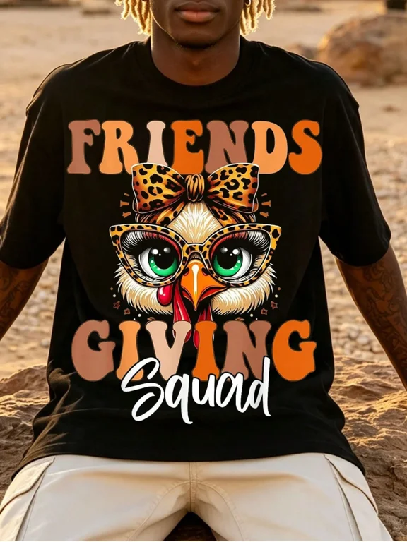 Friends Squad Thanksgiving 2024 Turkey Face Leopard T-Shirt Graphic Tees Women Fashion Casual T-Shirt Tops Style Women Clothes