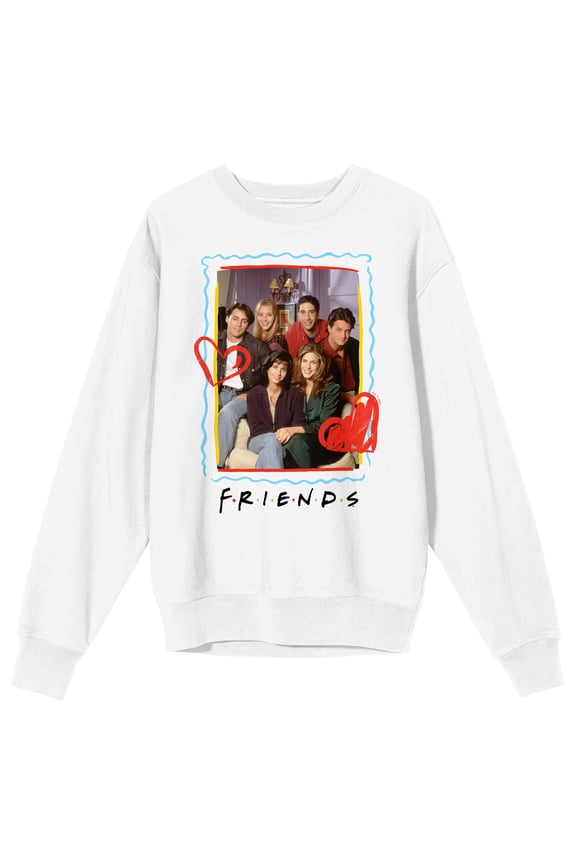 Friends TV Full Cast Photo Adult White Crew Neck Long Sleeve Sweatshirt-Medium