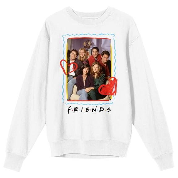 Friends TV Full Cast Photo Adult White Crew Neck Long Sleeve Sweatshirt-Small