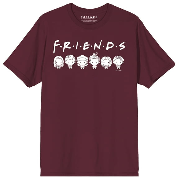Friends TV Kawaii Cast Adult Maroon Crew Neck Short Sleeve T-shirt-Large