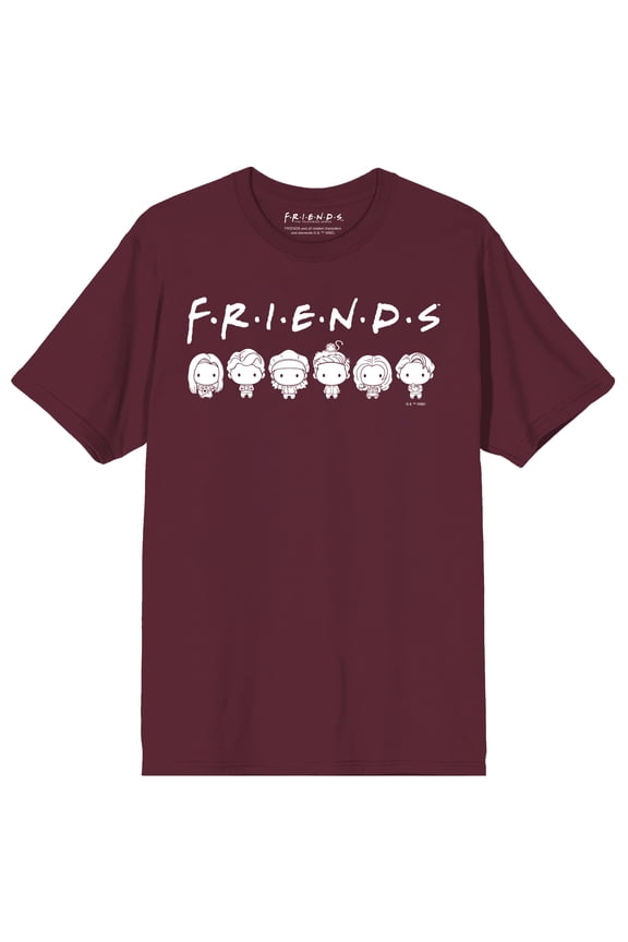 Friends TV Kawaii Cast Adult Maroon Crew Neck Short Sleeve T-shirt-XXL