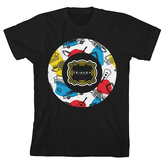 Friends TV Pattern Art Youth Boys Black T-Shirt-XL