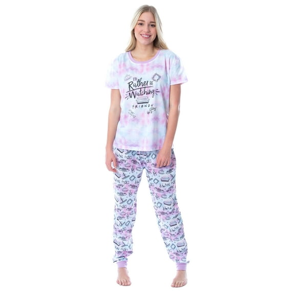 Friends TV Series Logo Womens' Rather Be Watching Short Sleeve Jogger 2 Piece Pajama Set Loungewear Sleepwear