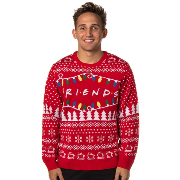 Friends TV Series Men's Logo And Holiday Lights Ugly Christmas Adult Pullover Sweater