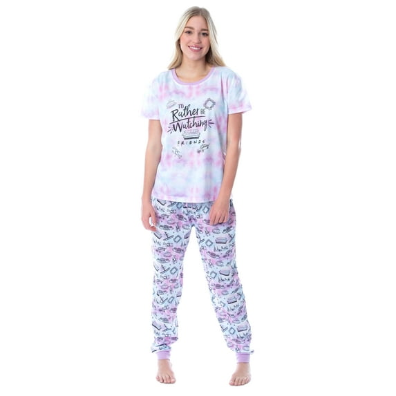 Friends TV Series Logo Womens' Rather Be Watching Short Sleeve Jogger 2 Piece Pajama Set Loungewear Sleepwear