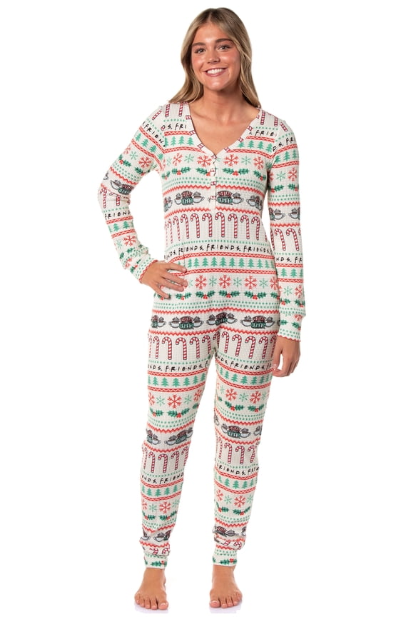 Friends TV Show Women's Christmas Holiday Ugly Sweater Waffle Union Suit One Piece Long Sleeve Footless Sleep Pajamas