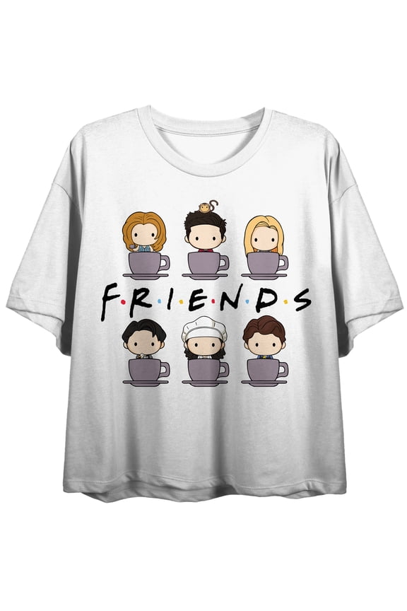 Friends TV Sitcom Chibi Character Juniors White Crop Graphic Tee- XS