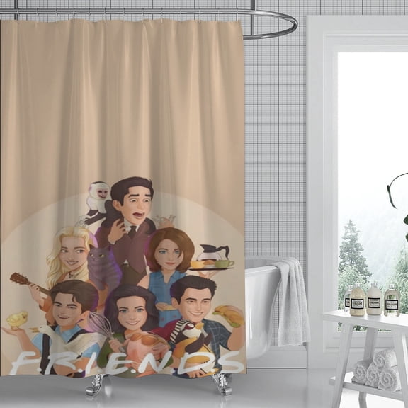 Friends TV shower curtain presents an artistic print, is waterproof and easy to install, enhancing any bathroom with a delightful atmosphere. Measures 59" x 71" (150 x 180 cm).