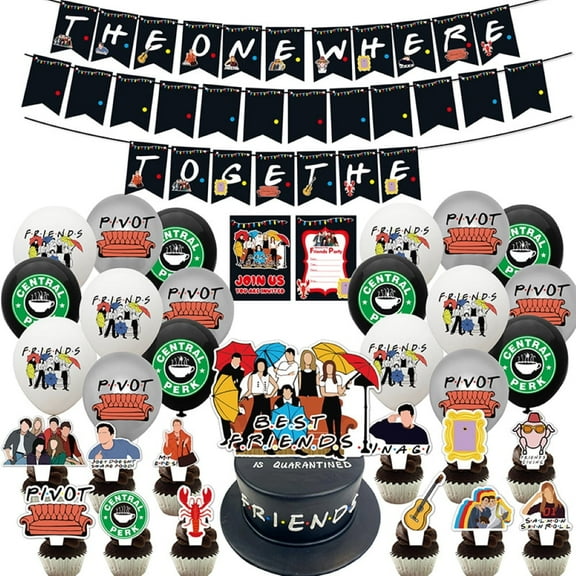 Friends Theme Cartoon style Birthday Decoration KitsParty Supplies Including Banner, Balloons, Cake Toppers, Cupcake ToppersInvitation Cards.