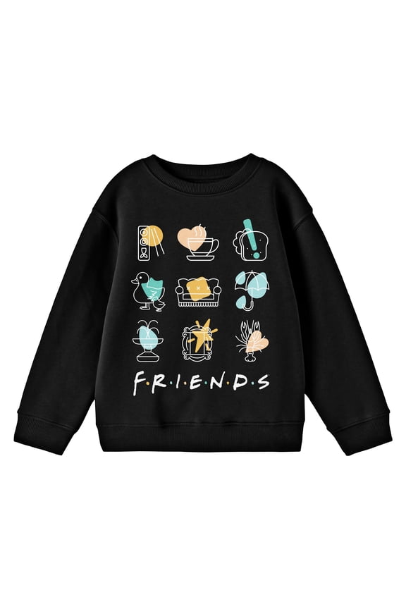 Friends Tv Show Icons Line Art Youth Black Long Sleeve Shirt-Medium