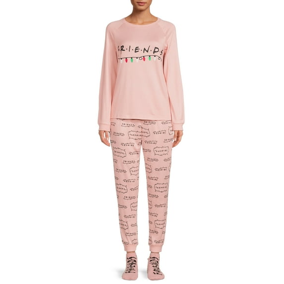 Friends Women's and Women's Plus Long Sleeve Top and Pants, 3-Piece Gift Set