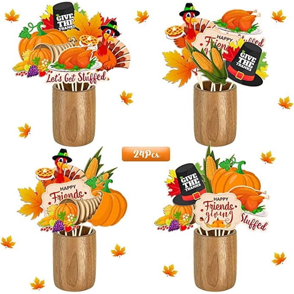 Friendsgiving Centerpiece Tables Decoration Thanksgiving Fall Theme Centerpiece Sticks Harvest Feast Party Cutouts with Pumpkin Turkey Maple Leaves for Give Thanks Autumn Photo Prop Table Topper 24pcs