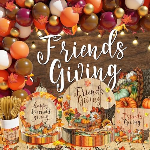 Friendsgiving Decorations,321PCS Friendsgiving Party Decorations (Serves 25) with Plates and Napkins Set,Balloon Arch kit,Large Backdrop Banner for Thanksgiving Decorations$$