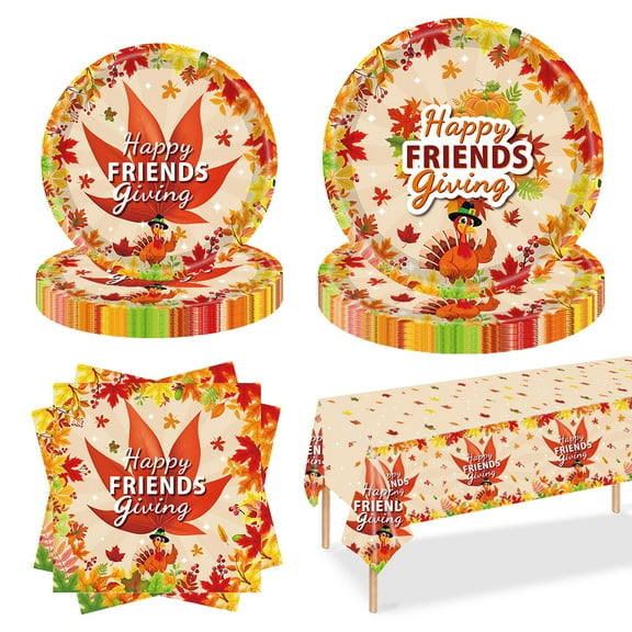 Friendsgiving Party Decorations Plates and Napkins Set and Plastic Tablecloth Leaves Turkey Tableware for Fall Thanksgiving Friendsgiving Disposable Party Supplies Favor Serve 16