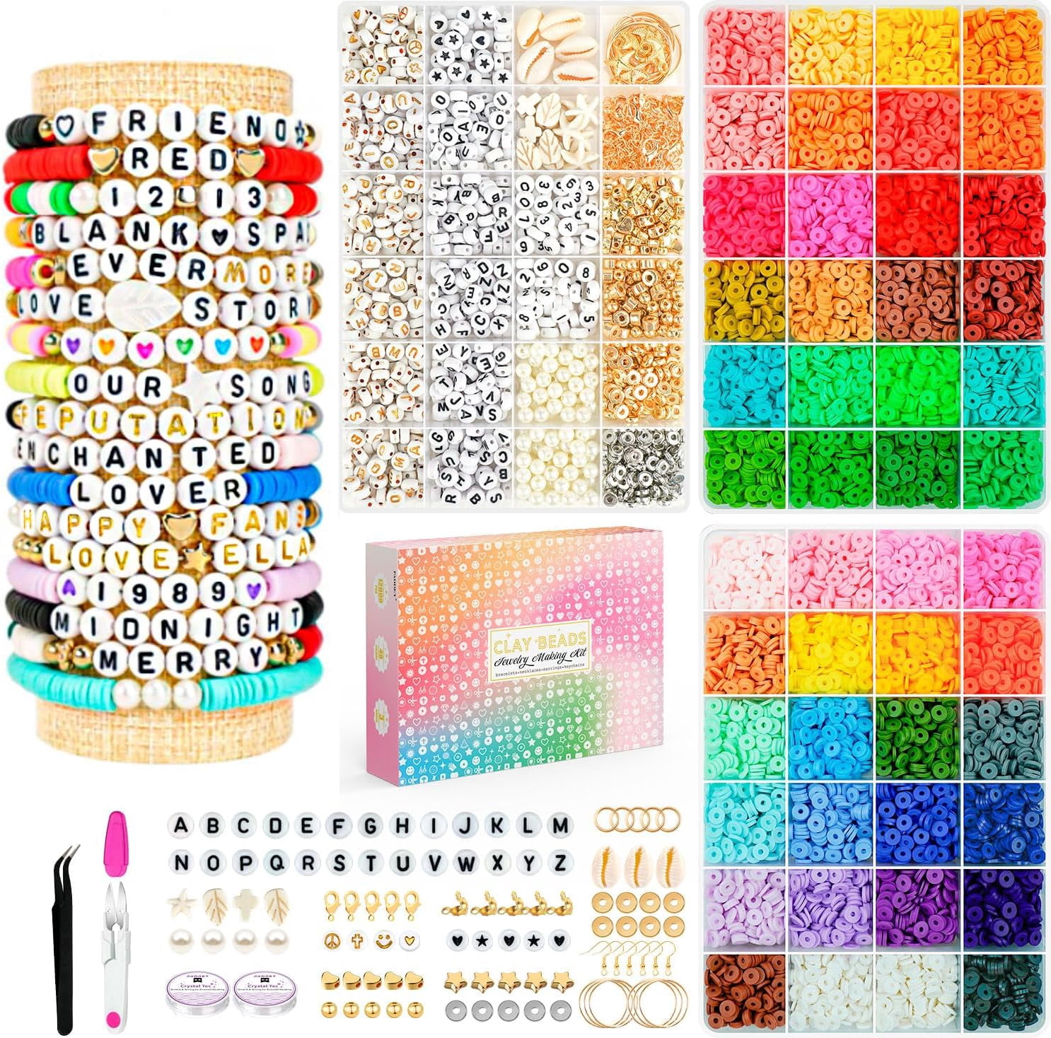 Friendship Bracelet Kit, 14,000pcs 48 Colors Bracelet Making Kit Clay Beads with Number Letter Bead Set Concert Merch Arts and Crafts Gifts for Kids Adults Teen Girls Jewelry Making Supplies