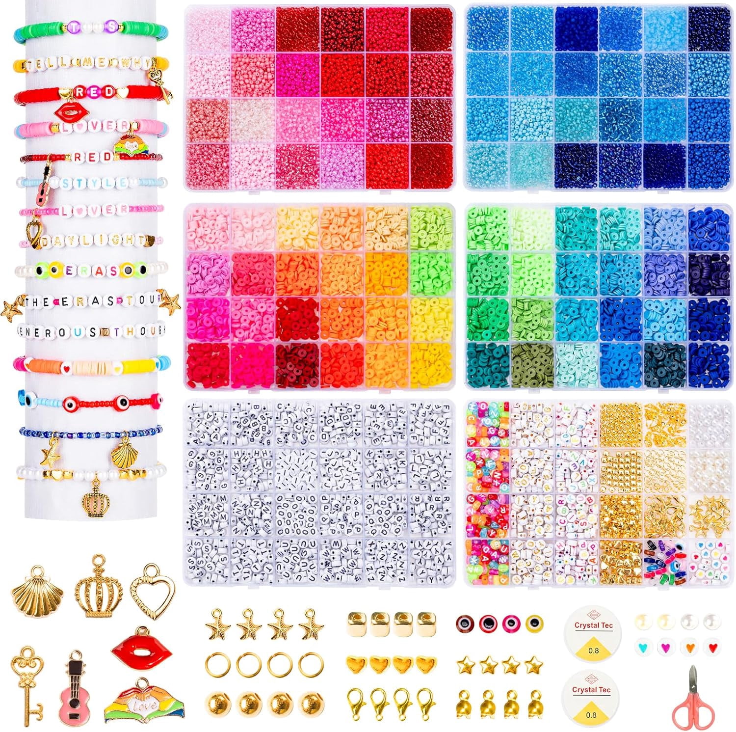 Friendship Bracelet Kit 6 Boxes, Bracelet Making Kits with 48 Colors Clay Beads, 48 Colors Glass Seed Beads and 4 Styles Letter Beads (A-Z) with Charms for Bracelet Making Gift
