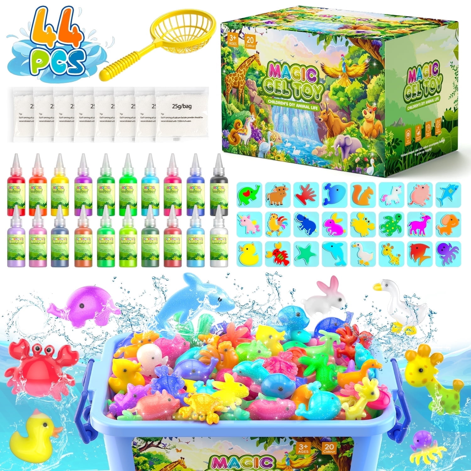 Carsky Magical Farm Gel Toy, 24 Animal Molds & 20 Gel w/ Storage Box, DIY Elf Water Kit Sensory Toy Craft Gift for Girls Boys Age 3-8