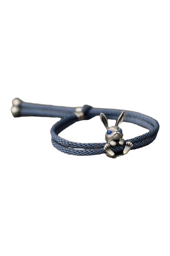 Friendship Bracelet String, Bracelet Cord, Bracelet String, Jewelry String, Rabbit, Black String, Cord, Adjustable, Blue Woven Wristwear, Animal Charm, 10inMax, 1 Pc