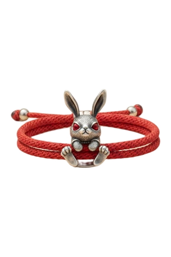 Friendship Bracelet String, Bracelet Cord, Jewelry String, Bunny, Black Cord, Adjustable, Rabbit, Red Woven, Sliding Fit, 8-10 In, 1 Pc