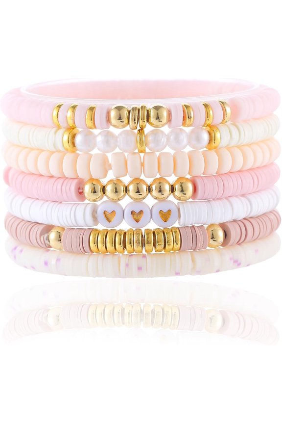 Friendship Bracelets Trendy Heishi Clay Bead Bracelets Stack Gold Beaded Stretch Bracelets for Women Boho Stackable Bracelets Bulk Cute Preppy Jewelry