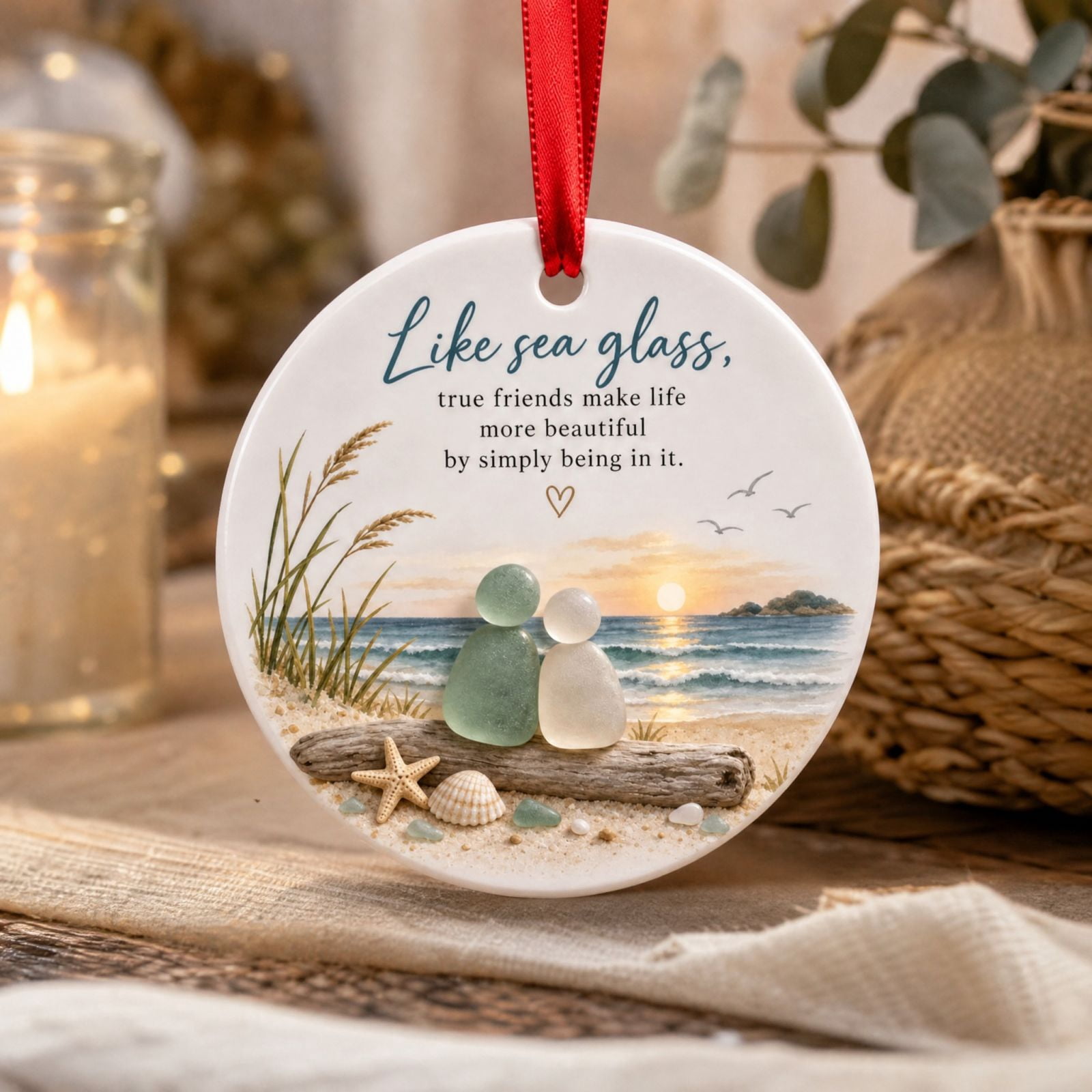Friendship Christmas Hanging Ornament, Round Acrylic Sea Glass Artwork ...