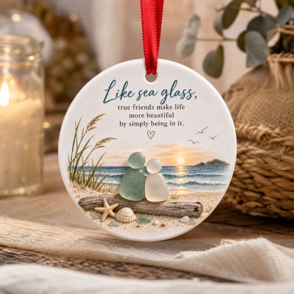 Friendship Christmas Hanging Ornament, Round Acrylic Sea Glass Artwork ...
