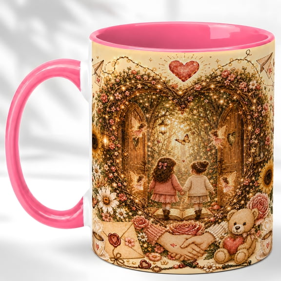 Friendship Coffee Mug, Magical Bestie Gift Cup, Fairy Garden Door with Girls Flowers Butterflies, Fantasy Gift for Her, Ceramic 11 Oz Mug