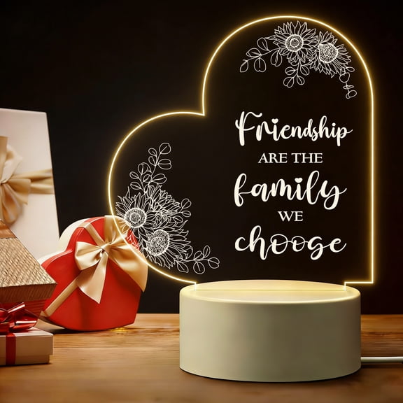 Friendship Gifts for Women Christmas Thank You Sunflower Gift Night Light Clear Crystal Acrylic Heart Inspirational Office Gifts for Friends Coworker Teacher (Friends Are the Family) LED Light