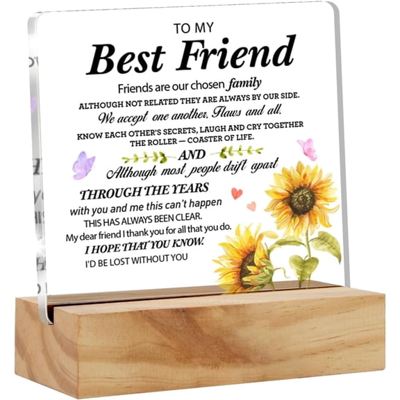 Friendship Gifts for Women Her, Friends Gifts for Birthday Christmas, Sunflower Best Friend Clear Acrylic Sign with Wood Stand Table Sign Decoration 4x4 Inch