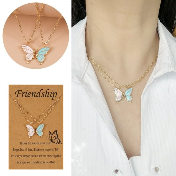 Friendship Necklace for Women 2pcs Oil Drop Butterfly Pairing Pendant Necklace Clavicle Chain Choker Jewelry Birthday Gift