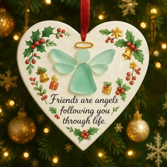 Friendship Ornament, Heart-Shaped Christmas Ornament, Angel Design Holiday Decoration with Golden Accents and Festive Holly Leaves, Versatile Keepsake Gift for Loved Ones and Seasonal Home Decor