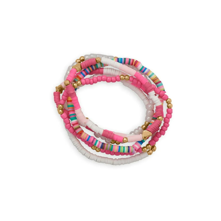 Friendship Stretch Bracelet Set of Six Pink Multicolor White Gold Tone Beads Friendship Stretch Bracelet Set of Six Pink Multicolor White Gold Tone Beads