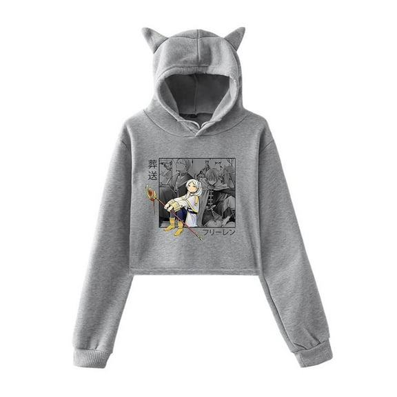 Frieren Anime Cat Ear Hoodie Women Long Sleeve Pullover Casual Harajuku Crop Tops