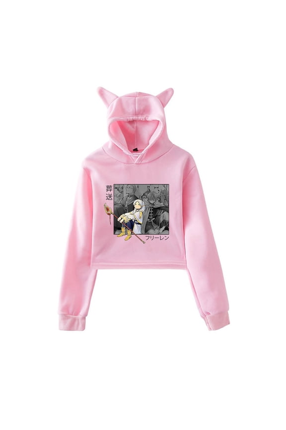 Frieren Anime Cat Ear Hoodie Women Long Sleeve Pullover Casual Harajuku Crop Tops
