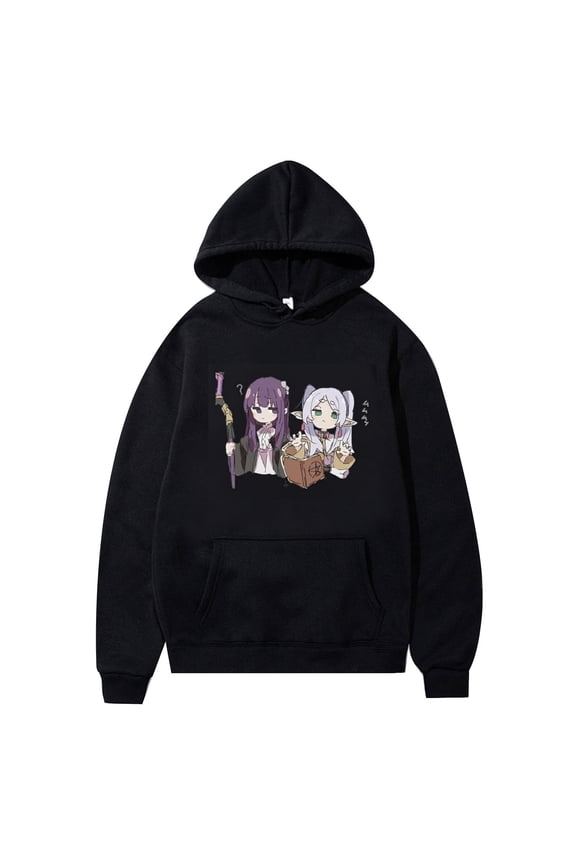 Frieren Beyond Journey's End Hoodie - Women's Anime Merch Graphic Pullover (Black/White) Gift