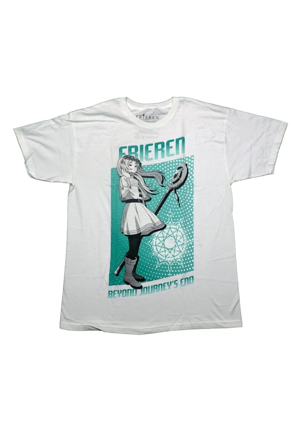 Frieren Mens T-Shirt - Grayscale Pose W/ Wand In On Polka Dot Field (Large)