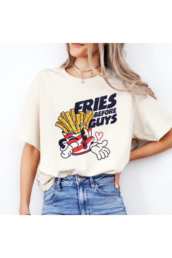 Fries Before Guys Retro French Fries Cartoon Graphic Shirt Vintage Snack Lover Food Theme Comfort Colors Unisex Cotton T-Shirt, Sizes S-3XL