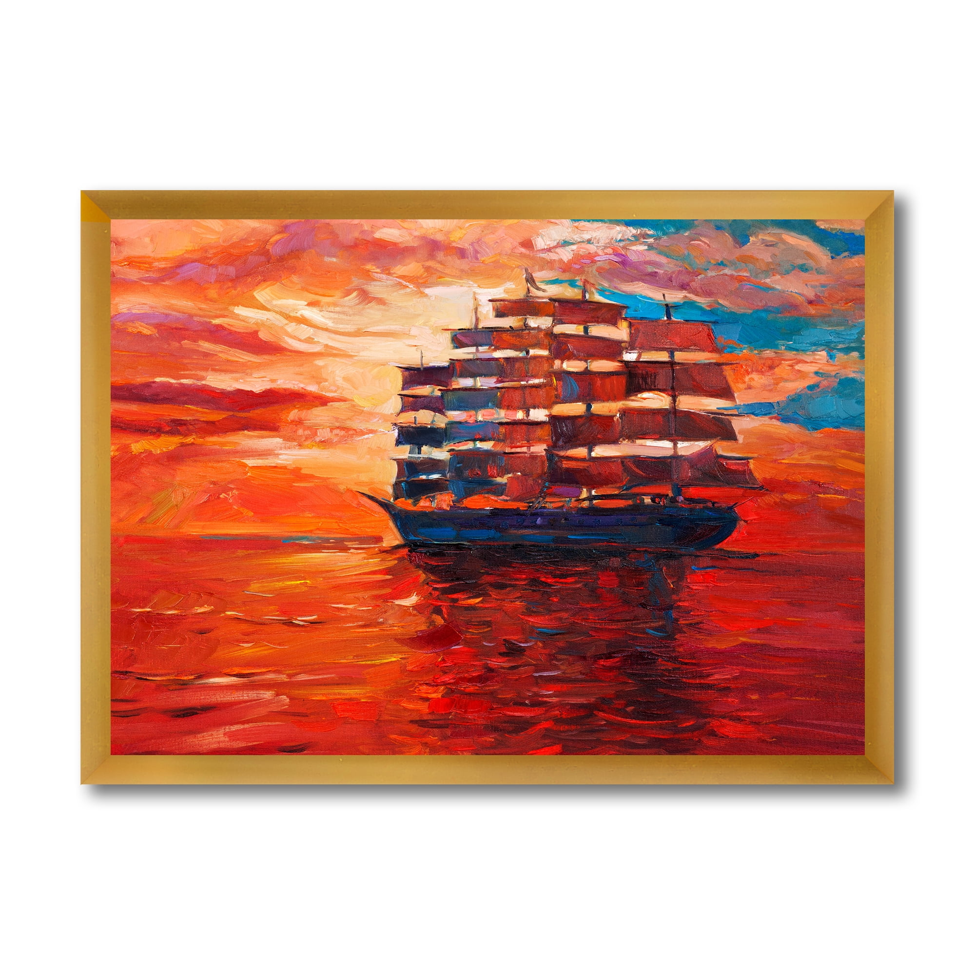 Frigate During Red Evening Glow On The Ocean Horizon 20 in x 12 in Framed Painting Canvas Art Print, by Designart