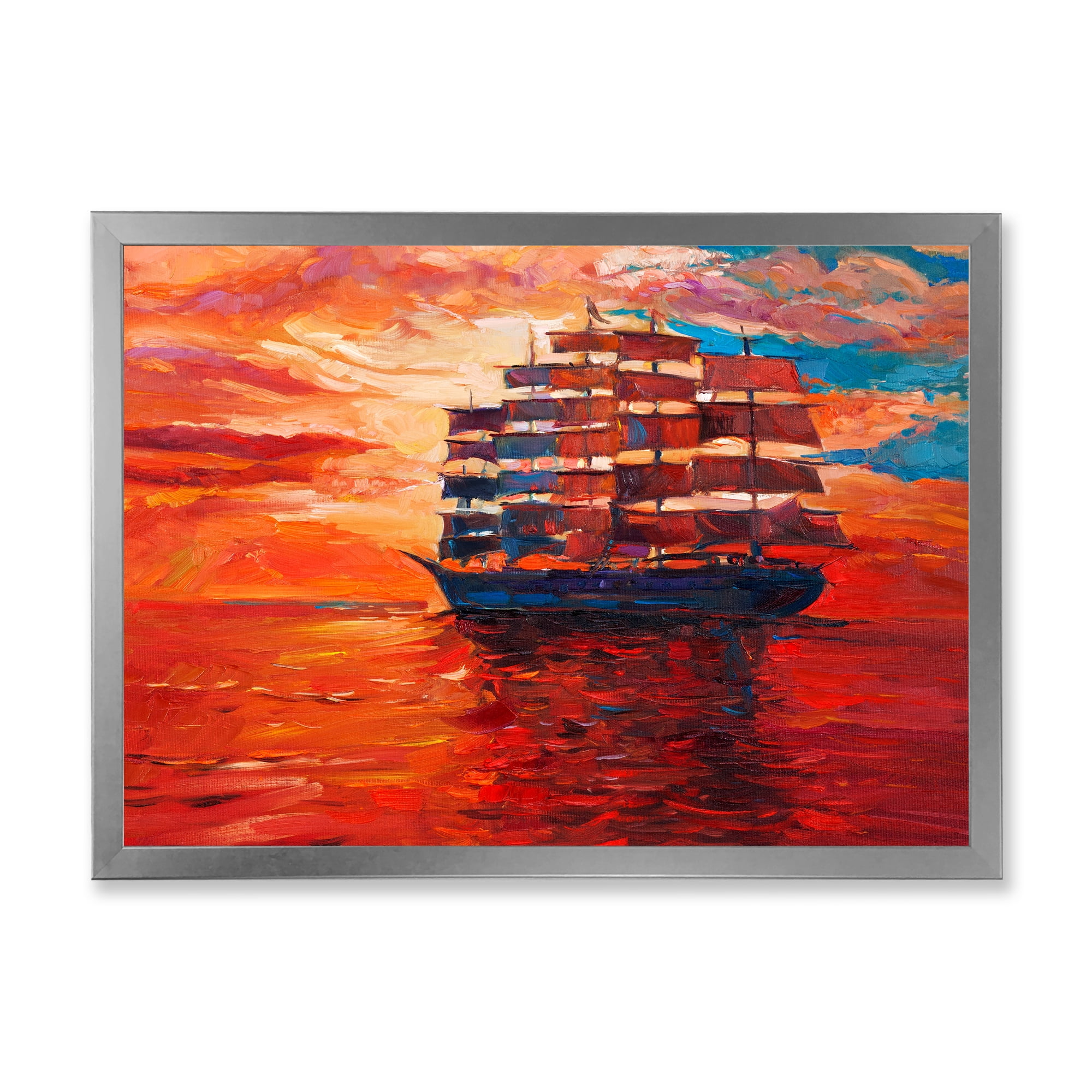 Frigate During Red Evening Glow On The Ocean Horizon 20 in x 12 in Framed Painting Canvas Art Print, by Designart