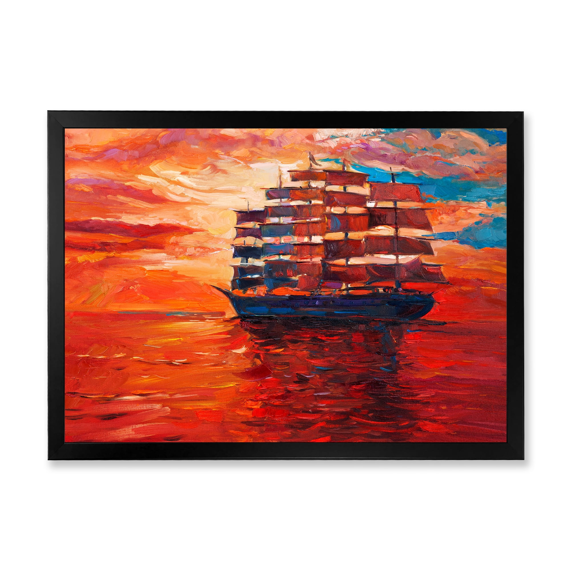Frigate During Red Evening Glow On The Ocean Horizon 32 in x 24 in Framed Painting Canvas Art Print, by Designart