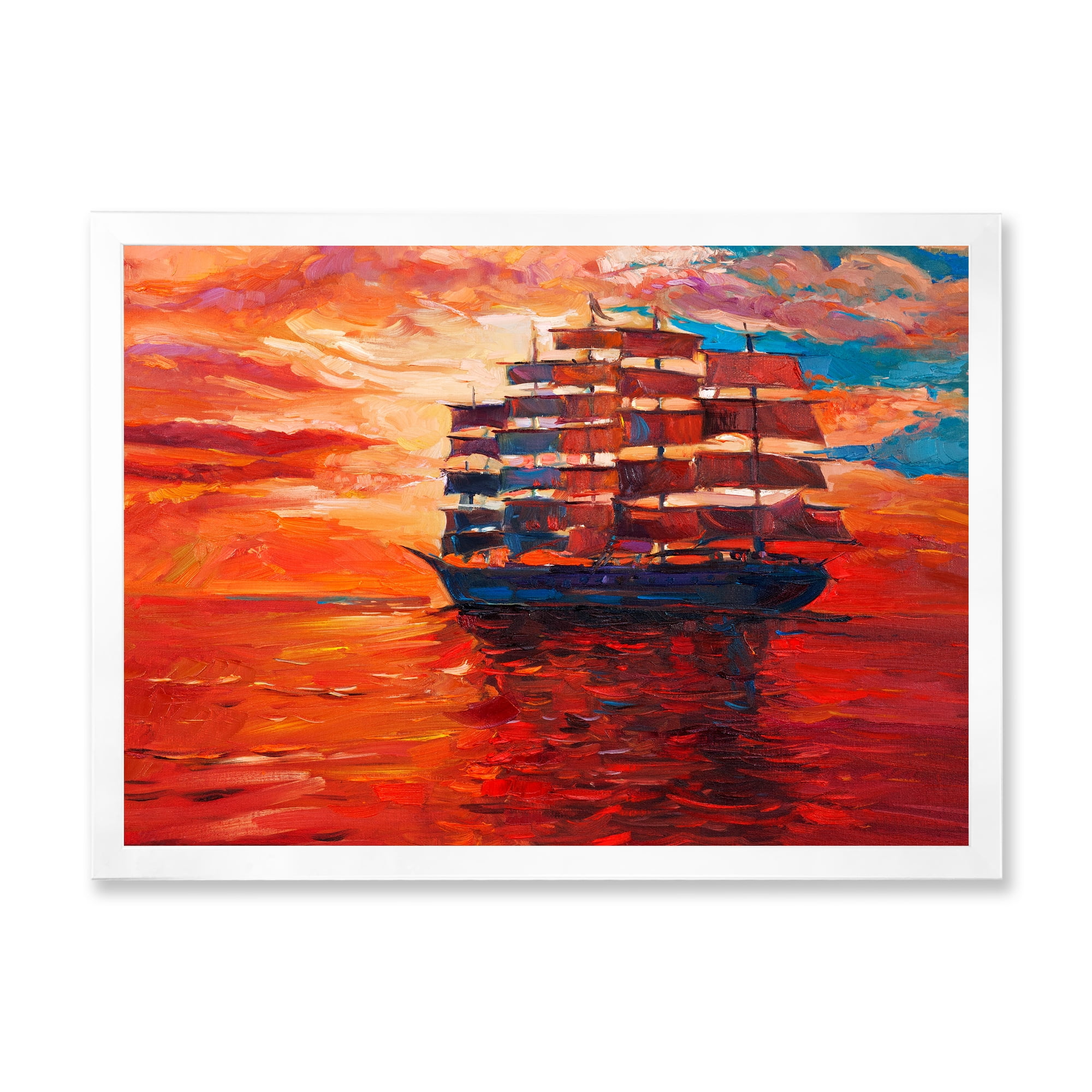 Frigate During Red Evening Glow On The Ocean Horizon 40 in x 30 in Framed Painting Canvas Art Print, by Designart