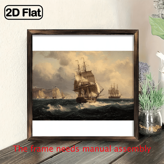 Frigate Sailing in Rough Seas Pine Wood Frame, Art, Suitable for Kitchen, Home Office, Living Room, Bedroom, Dining Room, Indoor Use, Wall Hanging Decoration