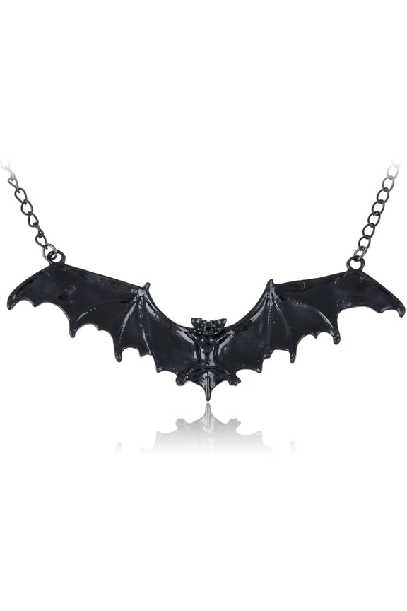 Frightening Halloween Enamel Paint Flying Bat Metal Chain Pendant Necklace, Black