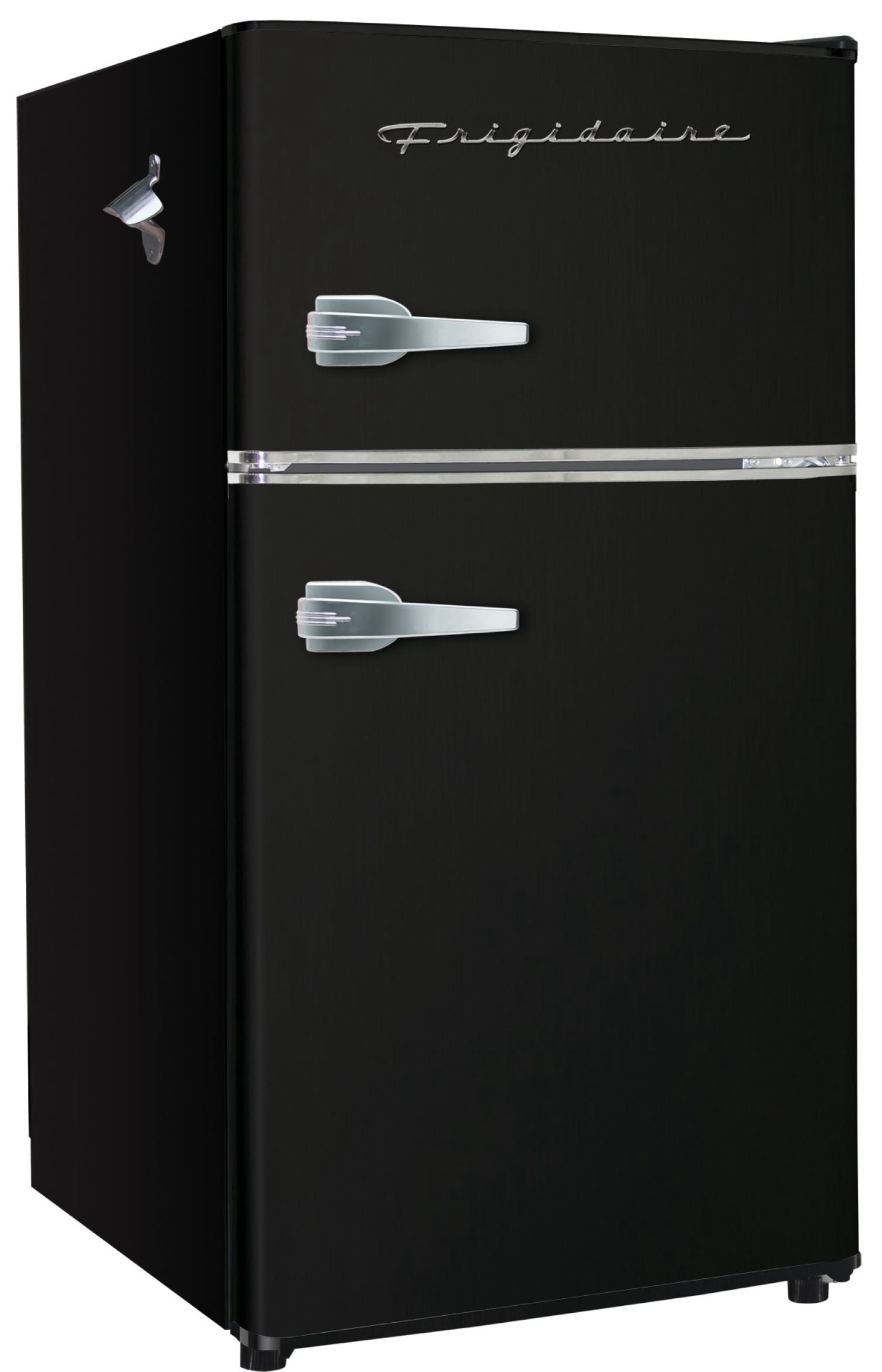 Frigidaire 3.2 Cu Ft 2-Door Retro Compact Bar Fridge With Freezer And Side Bottle Opener Black - Compact, stylish mini fridge ideal for dorms, offices, and small spaces.