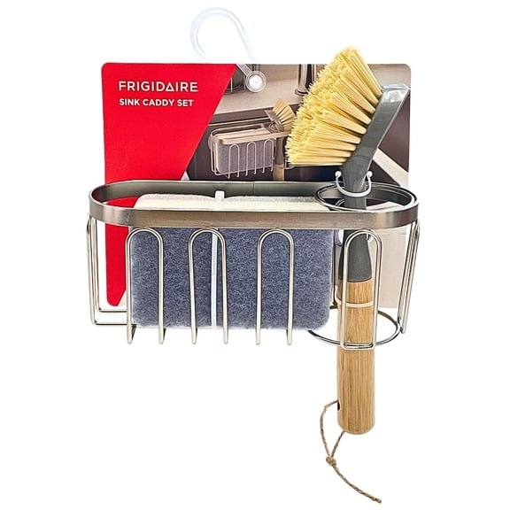Frigidaire Sponge Holder Sink Caddy Set with Sponge & Bamboo Scrub Brush, Silver (3 Piece)