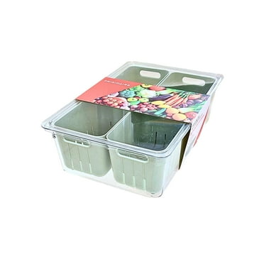 Frigidaire 4 Compartment Fruit and Vegetable Bin with Lid, Fruit Storage Container, Vegetable Storage Container, Stackable Refrigerator Organizers with Colander and Lid