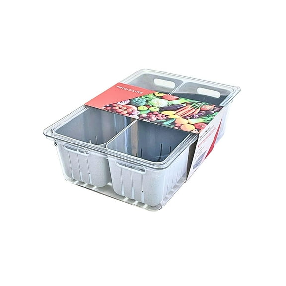 Frigidaire 4 Compartment Fruit and Vegetable Bin with Lid, Fruit Storage Container, Vegetable Storage Container, Stackable Refrigerator Organizers with Colander and Lid